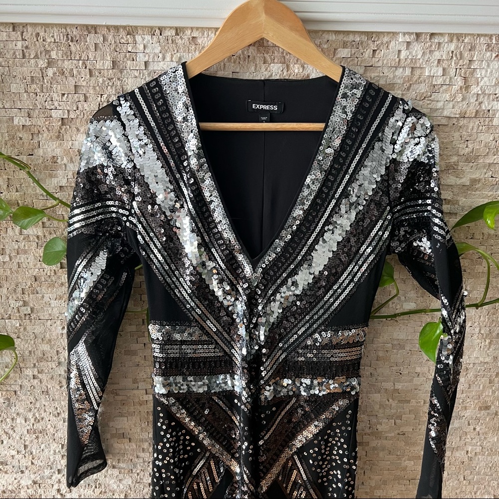 Black And Silver Patterned Sequin Mini Dress - image 7